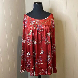 Vislily 22W Blouse Wide Neck Pleated Chest Long Sleeve Floral Red